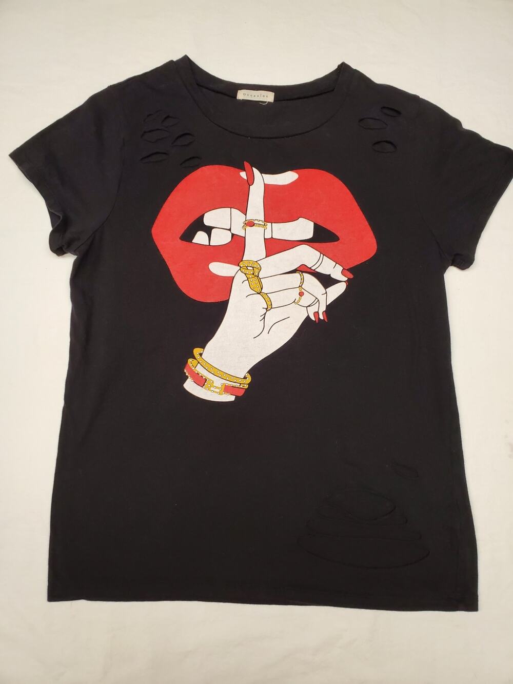 Occasion Distressed Black Graphic Tee Red Lips Jeweled Hand Y2K